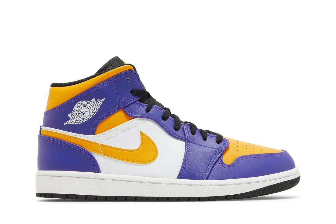 Tênis Air Jordan 1 Mid Lakers Roxo/Amarelo vista lateral