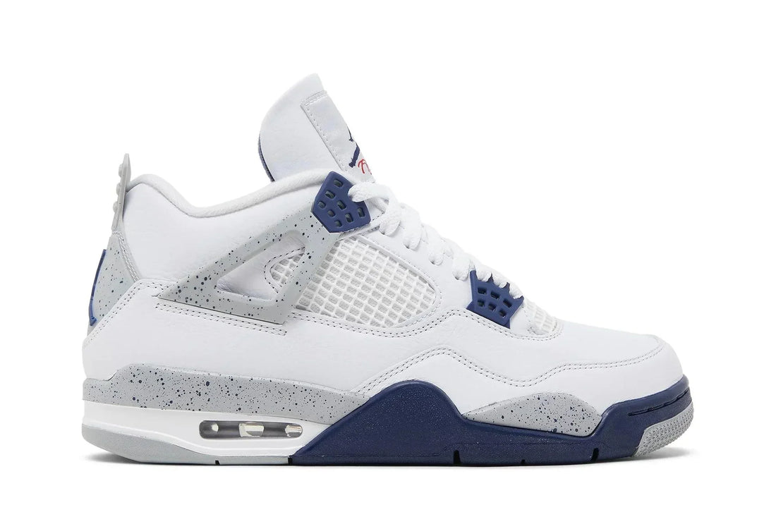 Tênis Air Jordan 4 Midnight Navy Branco/Azul vista lateral