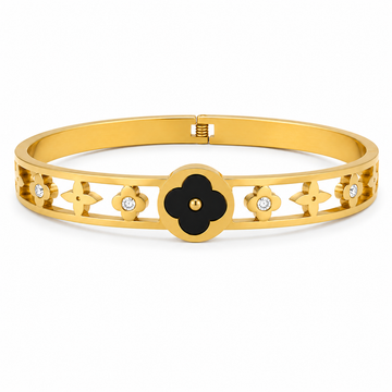 Bracelete Feminino Dourado com Flor Preta e Zircônias