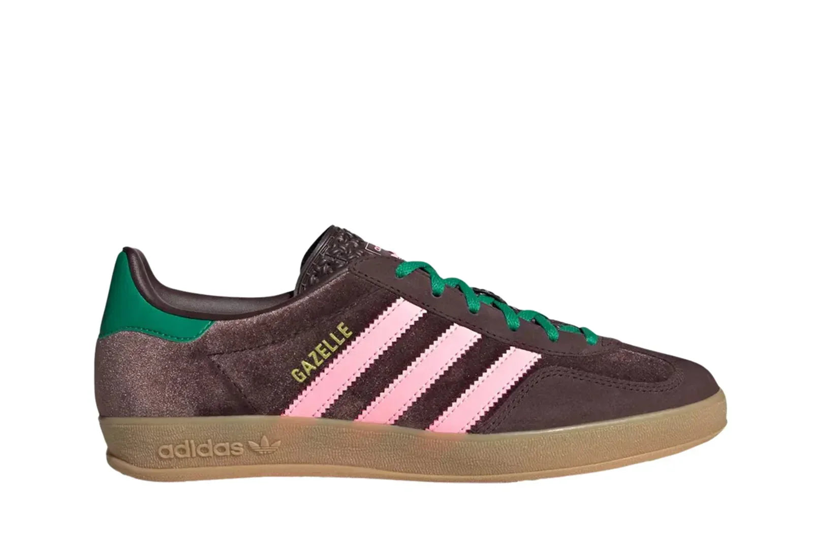 Tênis Adidas Gazelle Indoor Dark Brown Glow Pink Court Green Marrom vista lateral